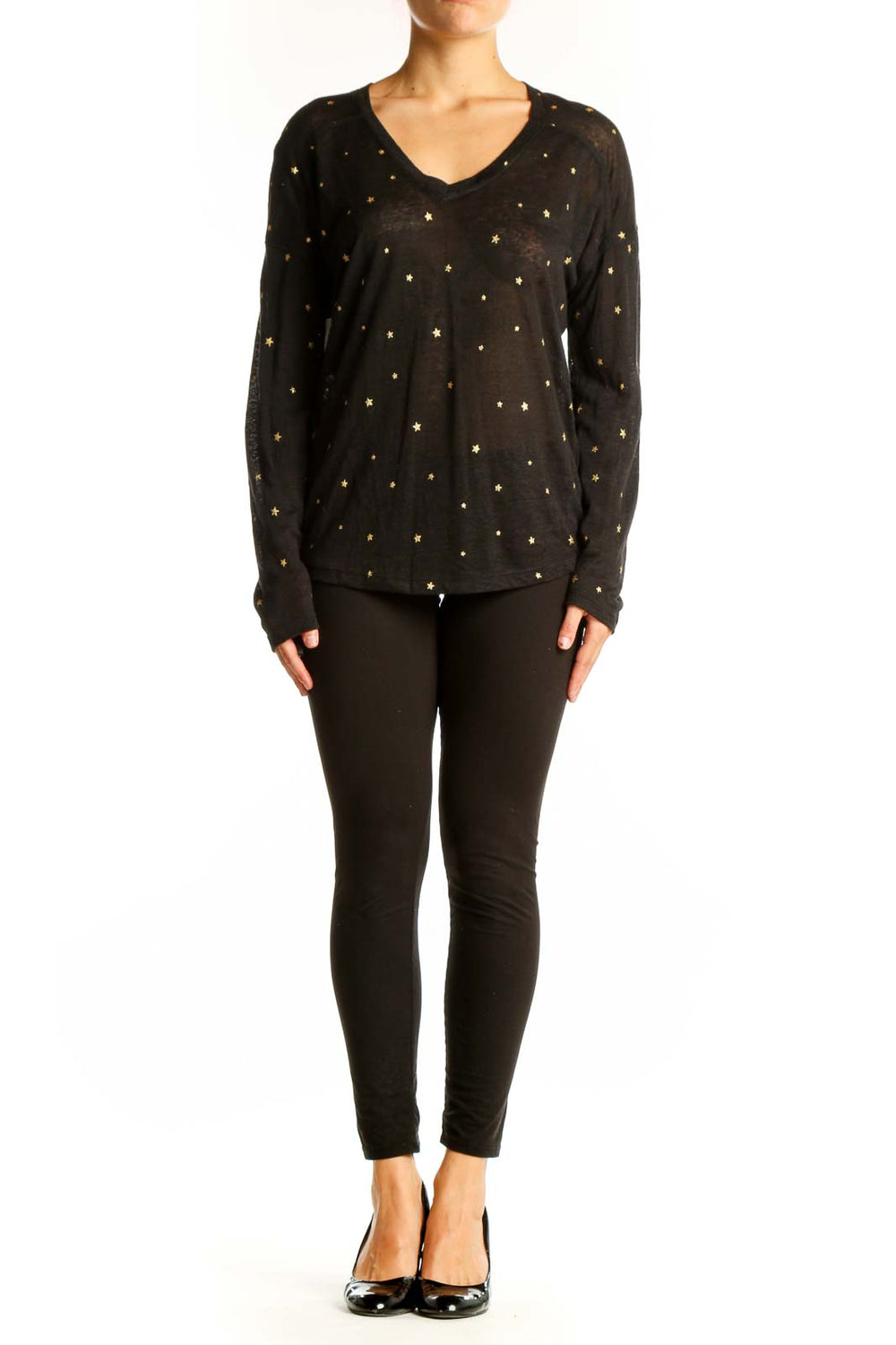 Front view of Rails black long-sleeve top with gold star prints and V-neckline