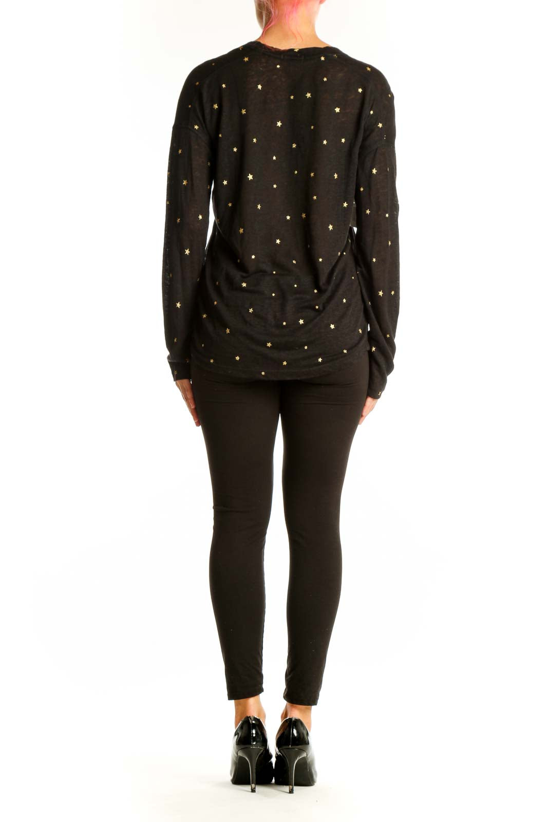 Side view of Rails black star-printed long-sleeve top on model