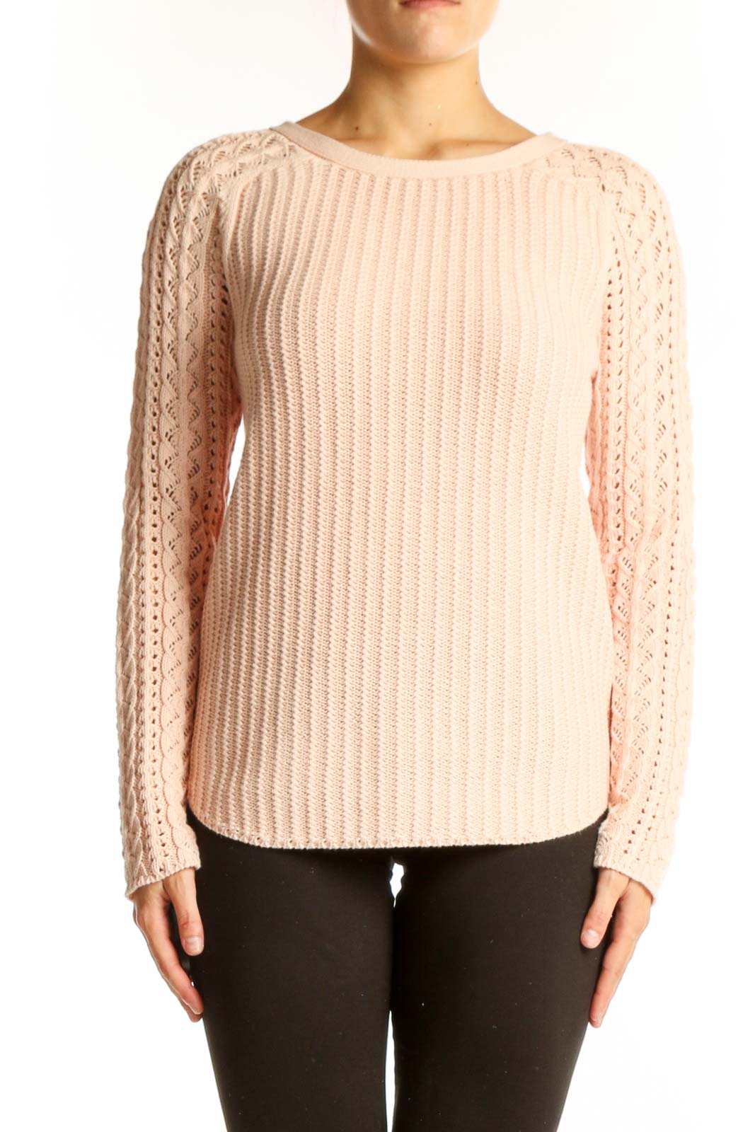 Front view of blush LOFT cotton sweater with ribbed texture and lace sleeves