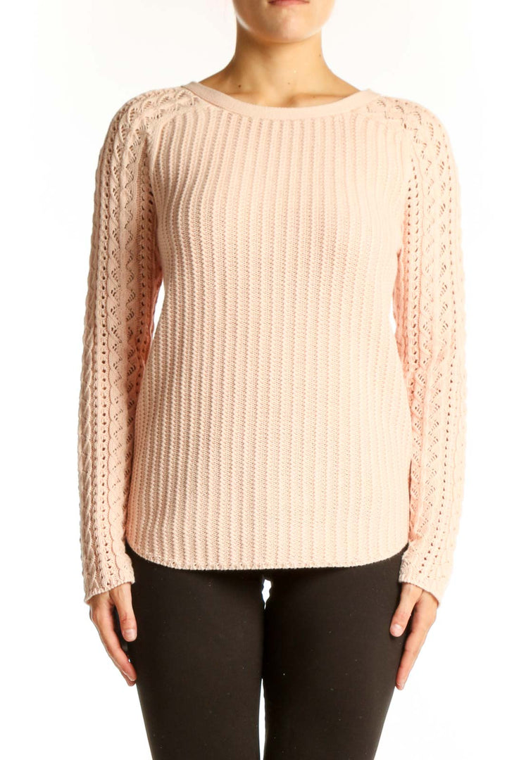 Front view of blush LOFT cotton sweater with ribbed texture and lace sleeves