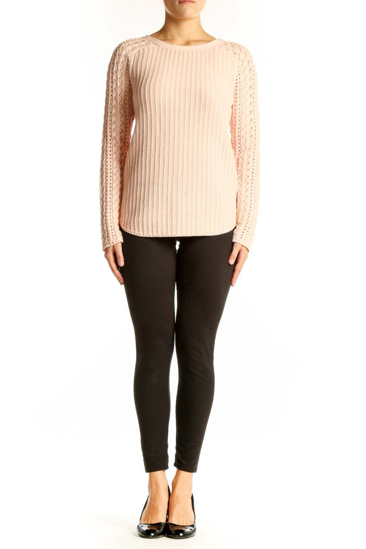 Front view of blush LOFT cotton sweater with ribbed texture and lace sleeves