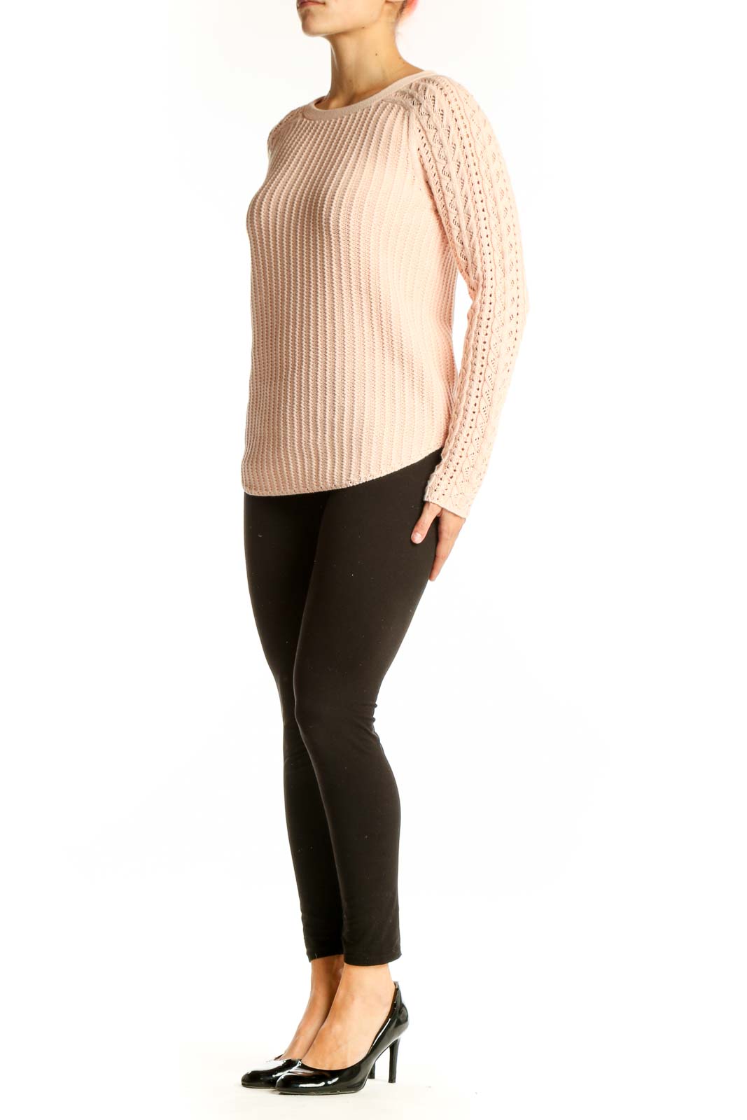 Front view of blush LOFT cotton sweater with ribbed texture and lace sleeves