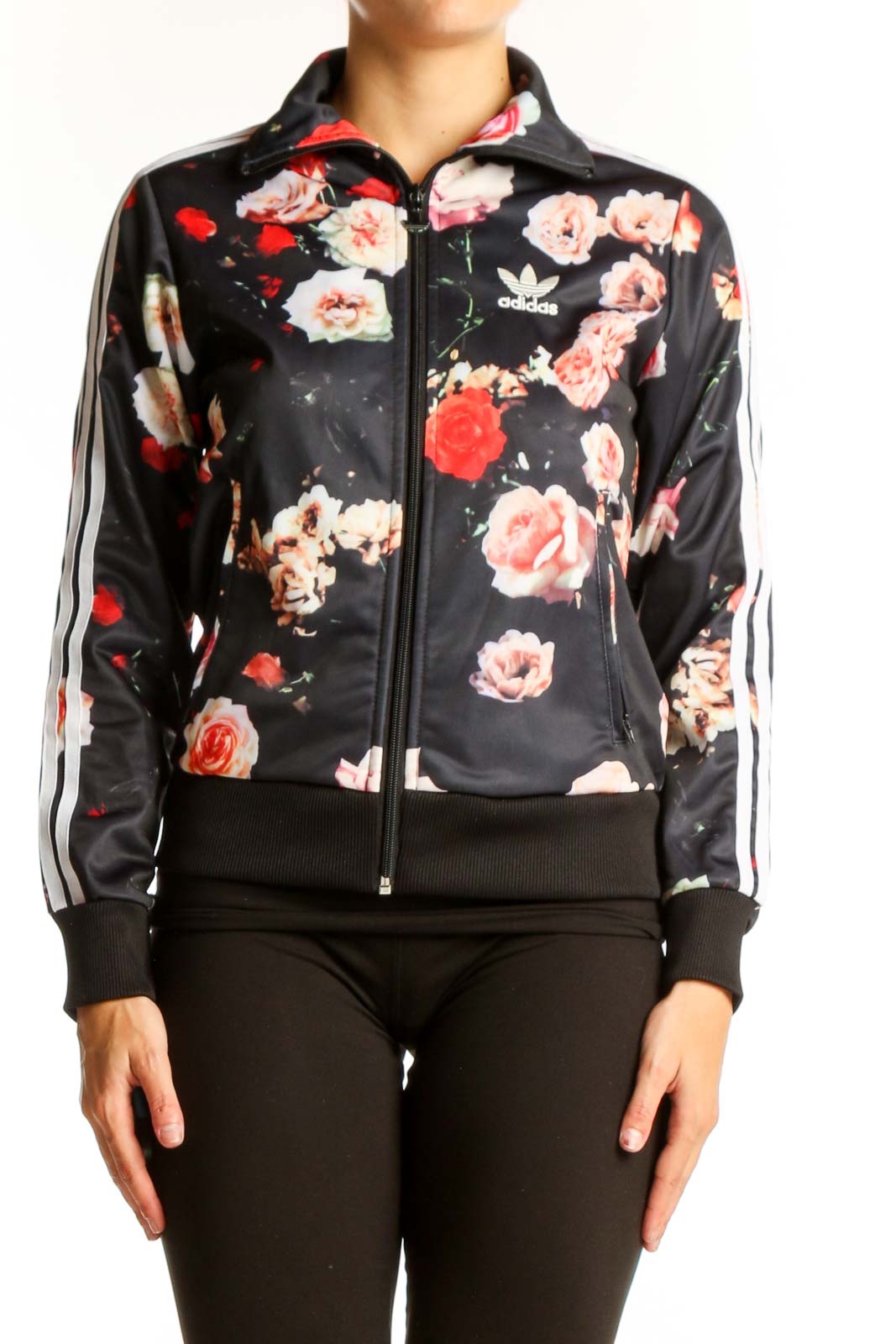 Front view of Adidas black athletic jacket with pink and red floral print