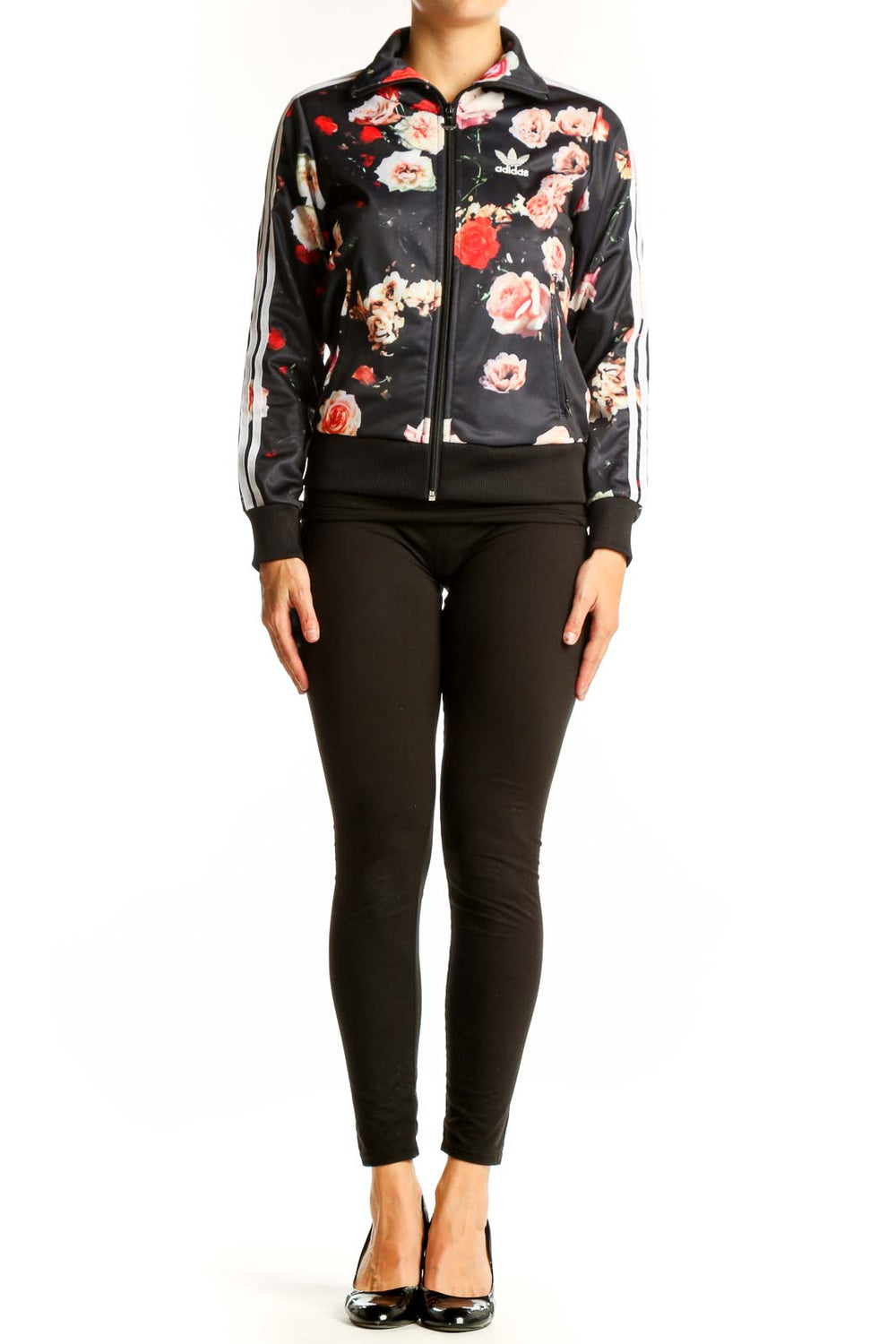 Front view of Adidas black athletic jacket with pink and red floral print