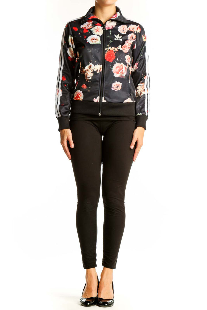 Front view of Adidas black athletic jacket with pink and red floral print