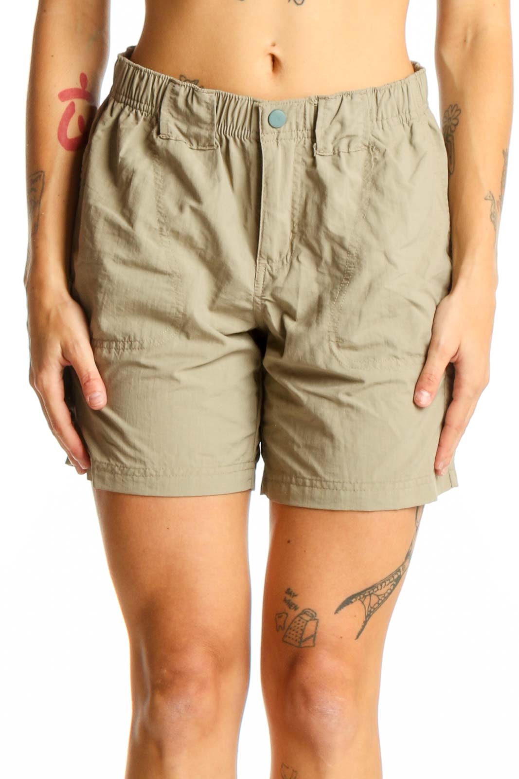 Front view of khaki Columbia nylon shorts with elastic waistband