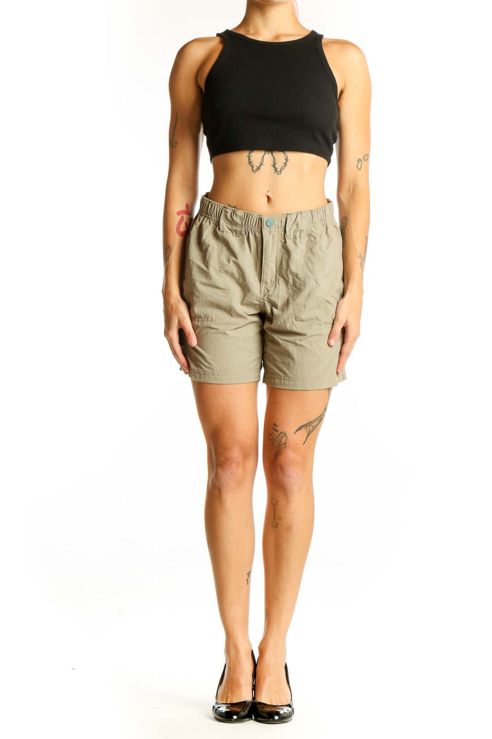 Front view of khaki Columbia nylon shorts with elastic waistband