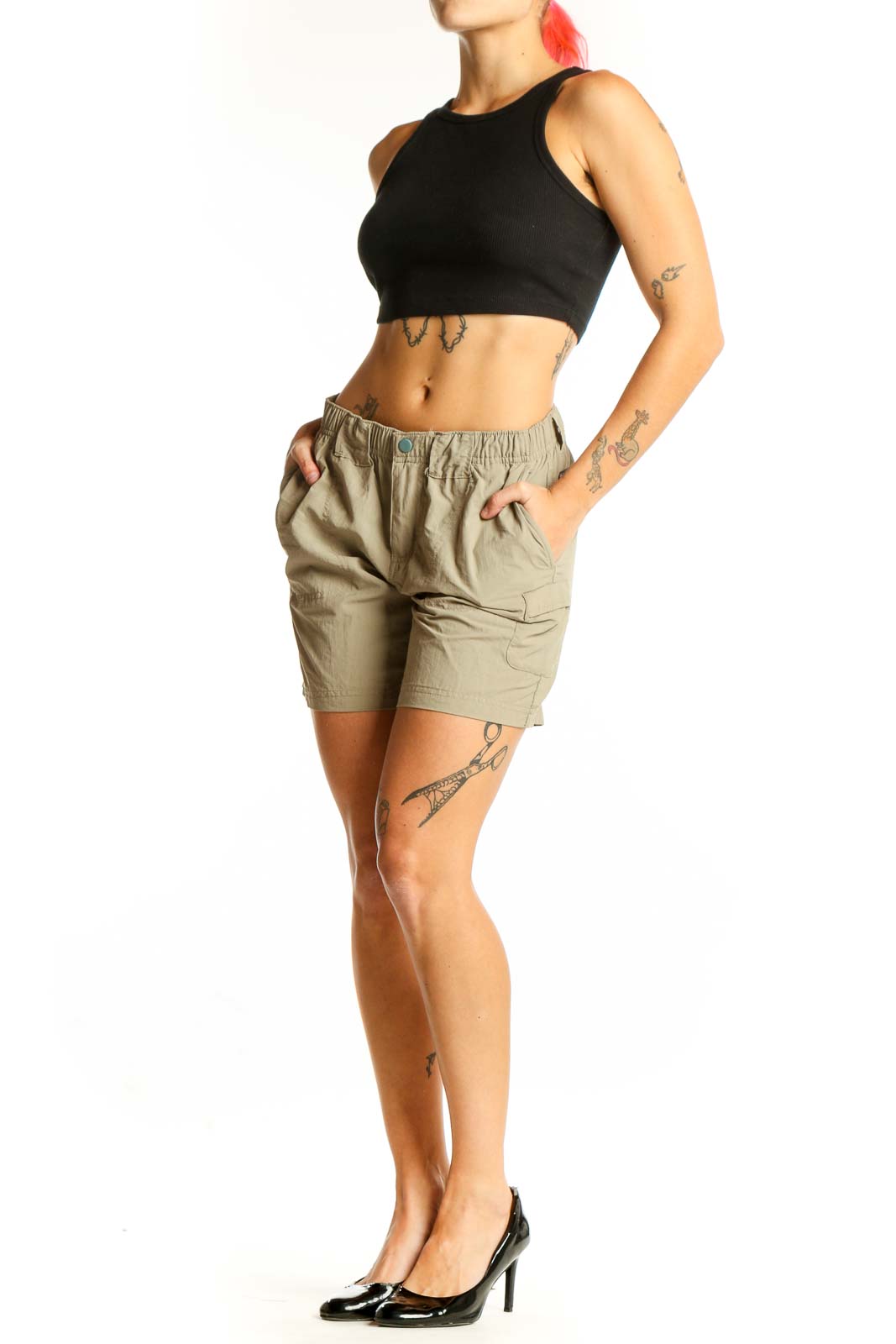 Front view of khaki Columbia nylon shorts with elastic waistband