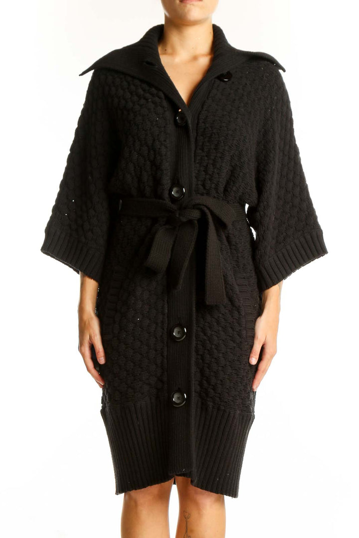 Front view of Jones New York black knitted belted cardigan coat