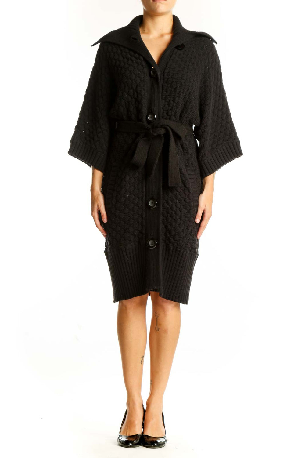 Front view of Jones New York black knitted belted cardigan coat