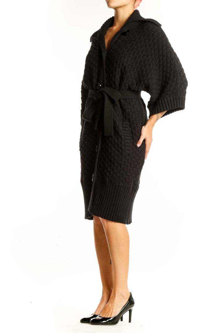 Front view of Jones New York black knitted belted cardigan coat