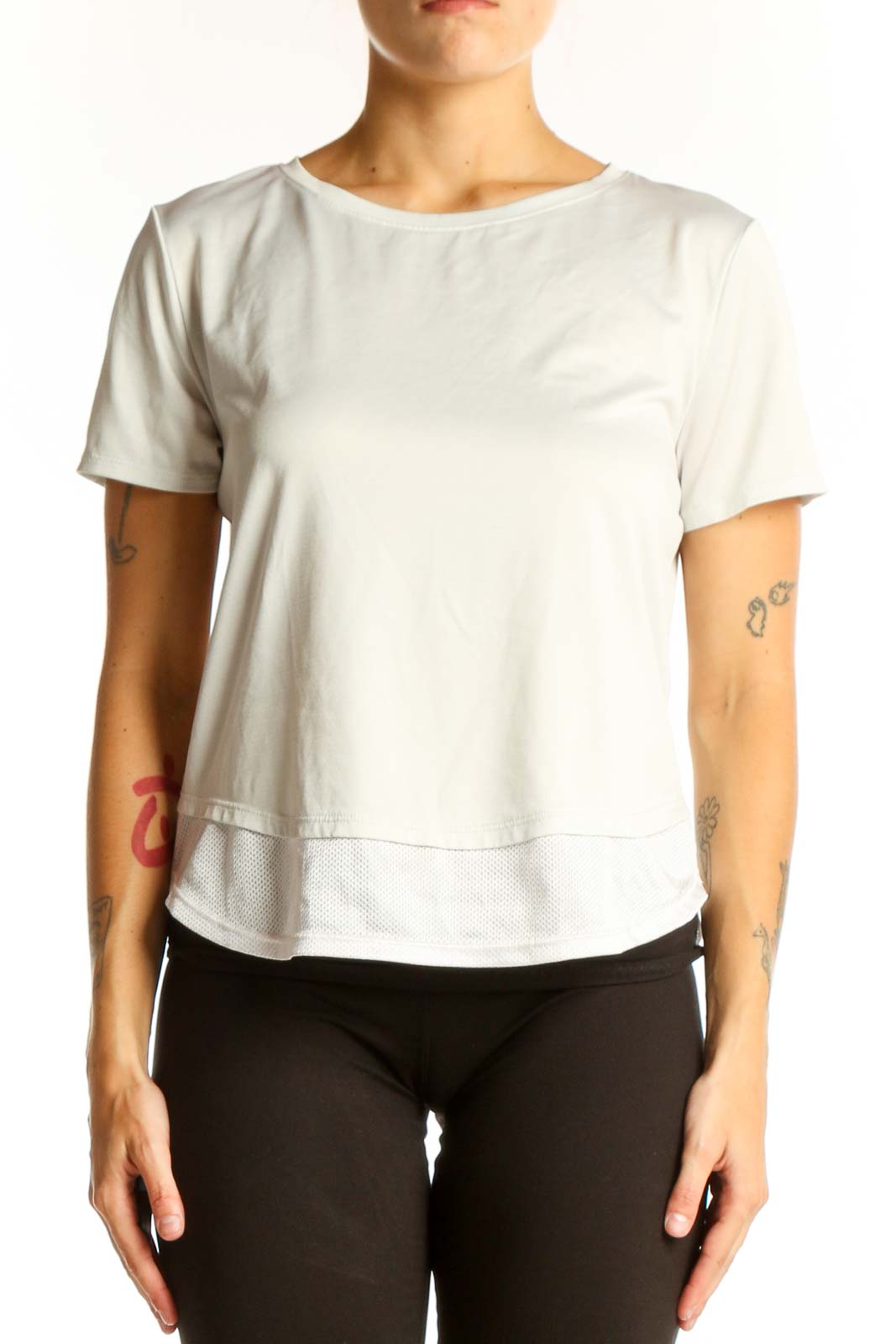 Front view of white HeatGear athletic top with short sleeves