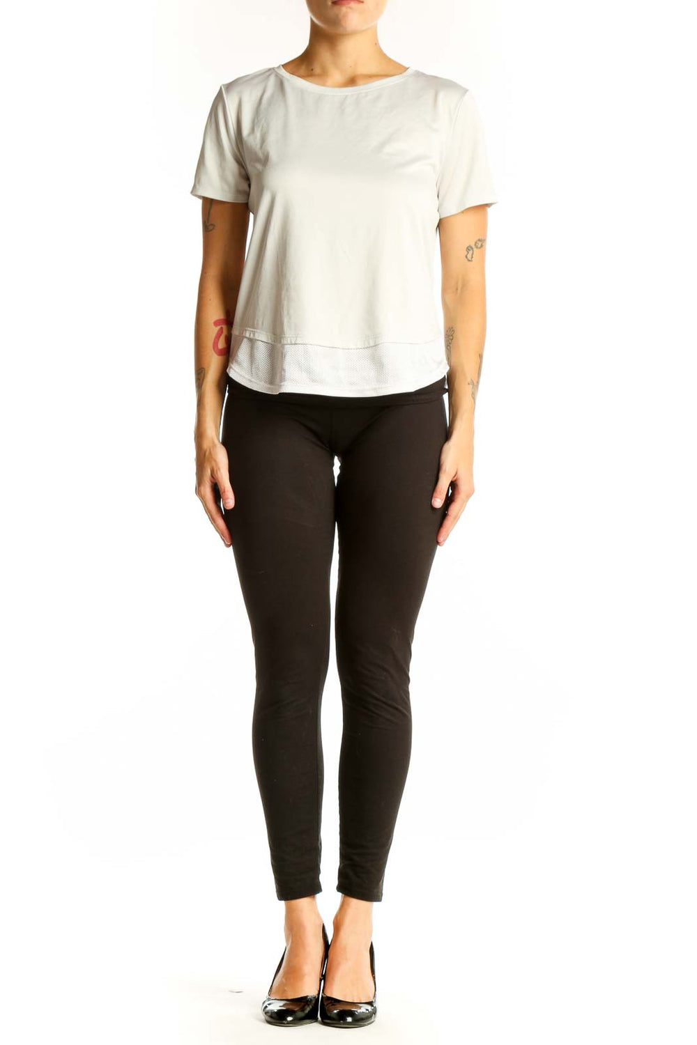 Front view of white HeatGear athletic top with short sleeves