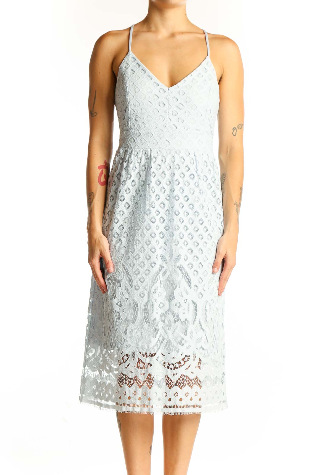 Front view of light blue lace midi dress with eyelet pattern