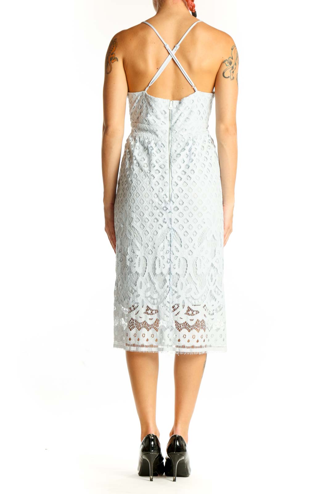 Side view of light blue lace midi dress showing intricate lace detail