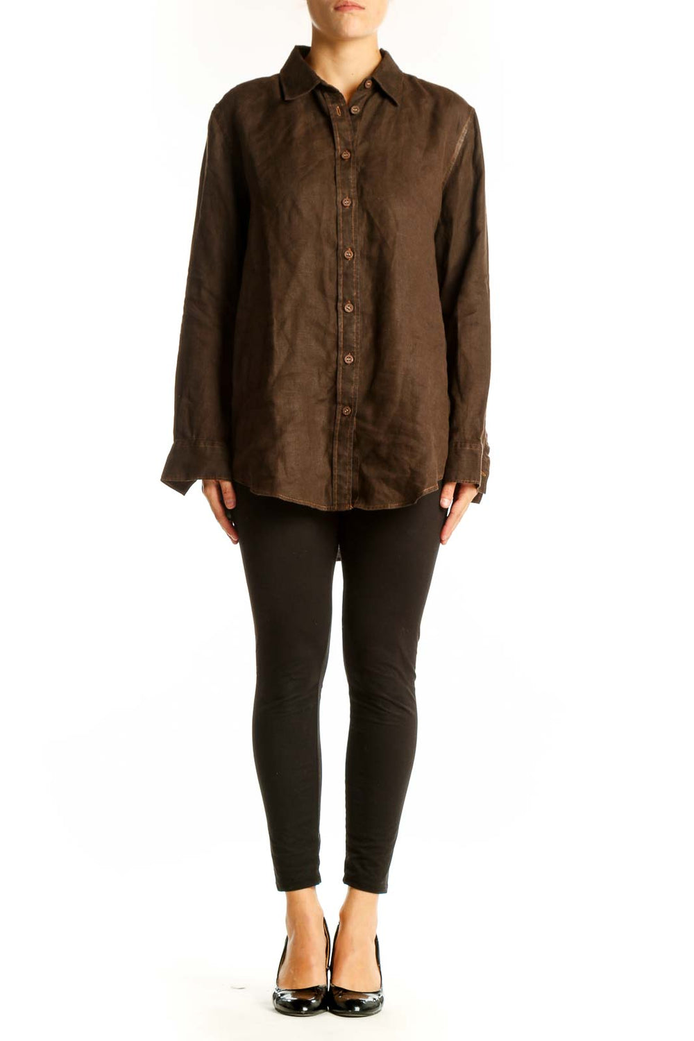 Front view of Quince brown button-down collared shirt on model