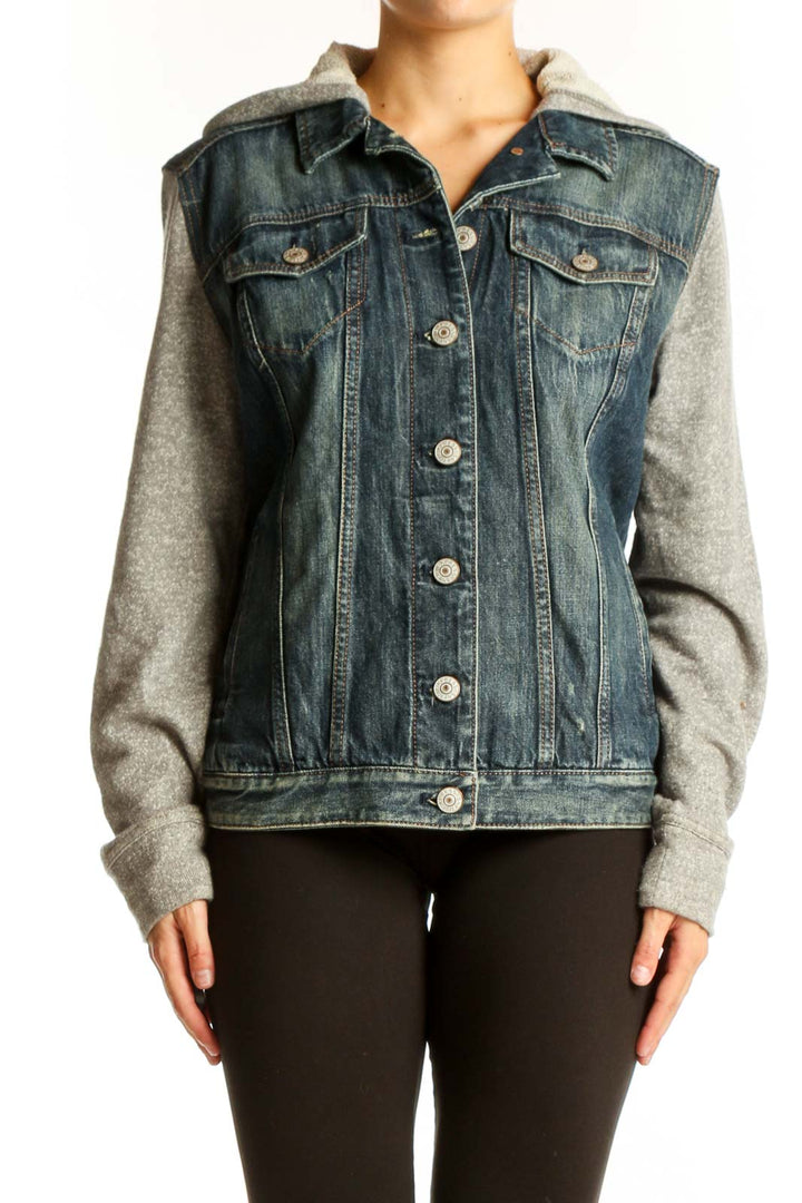 Front view of Express denim jacket with gray knit sleeves