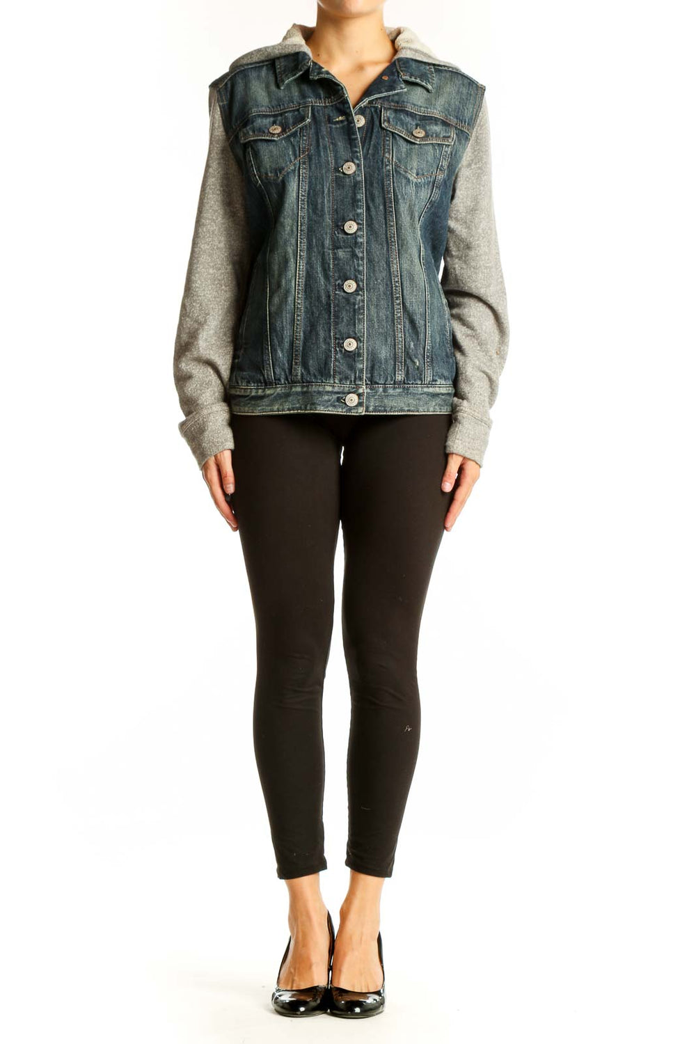 Front view of Express denim jacket with gray knit sleeves