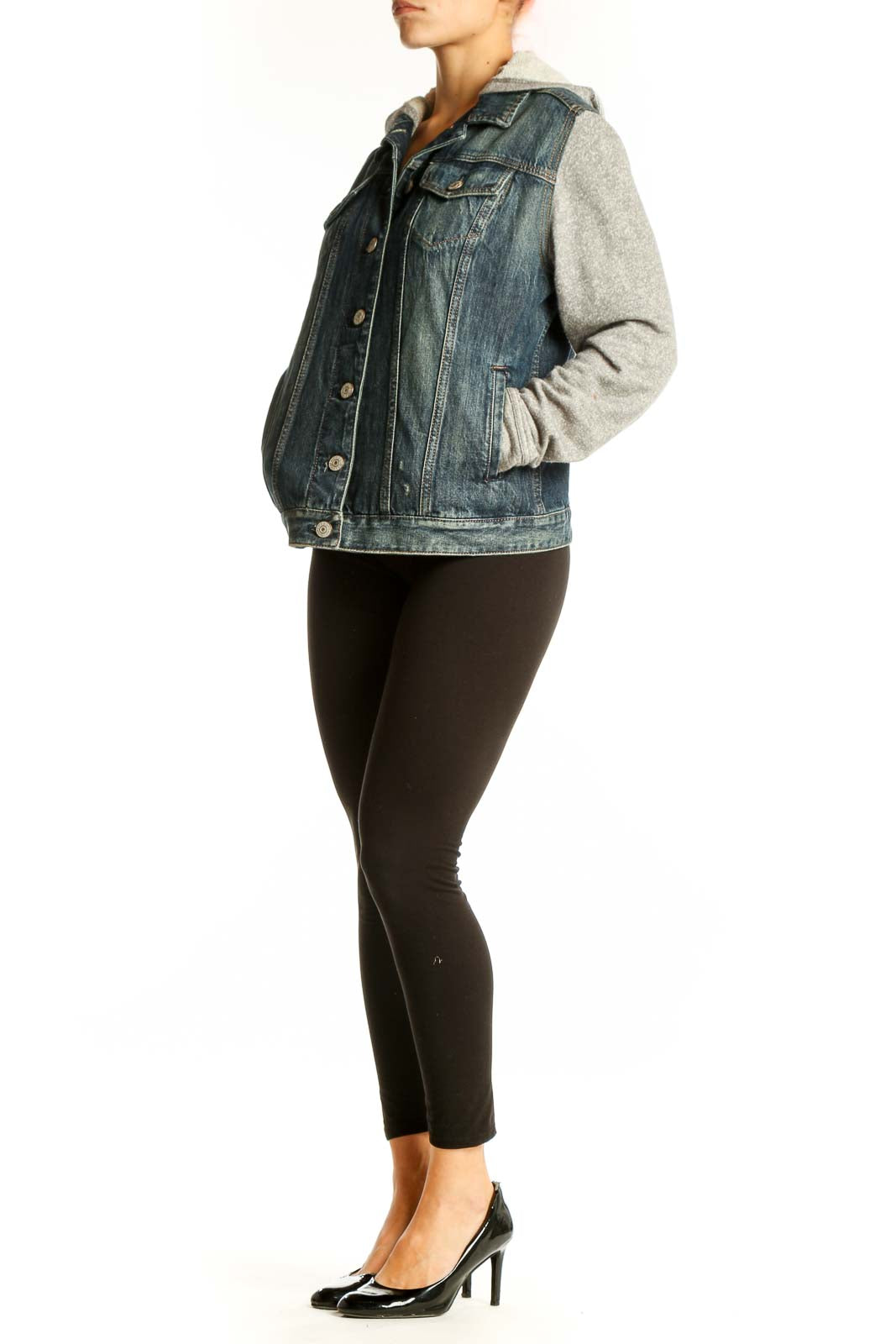 Front view of Express denim jacket with gray knit sleeves