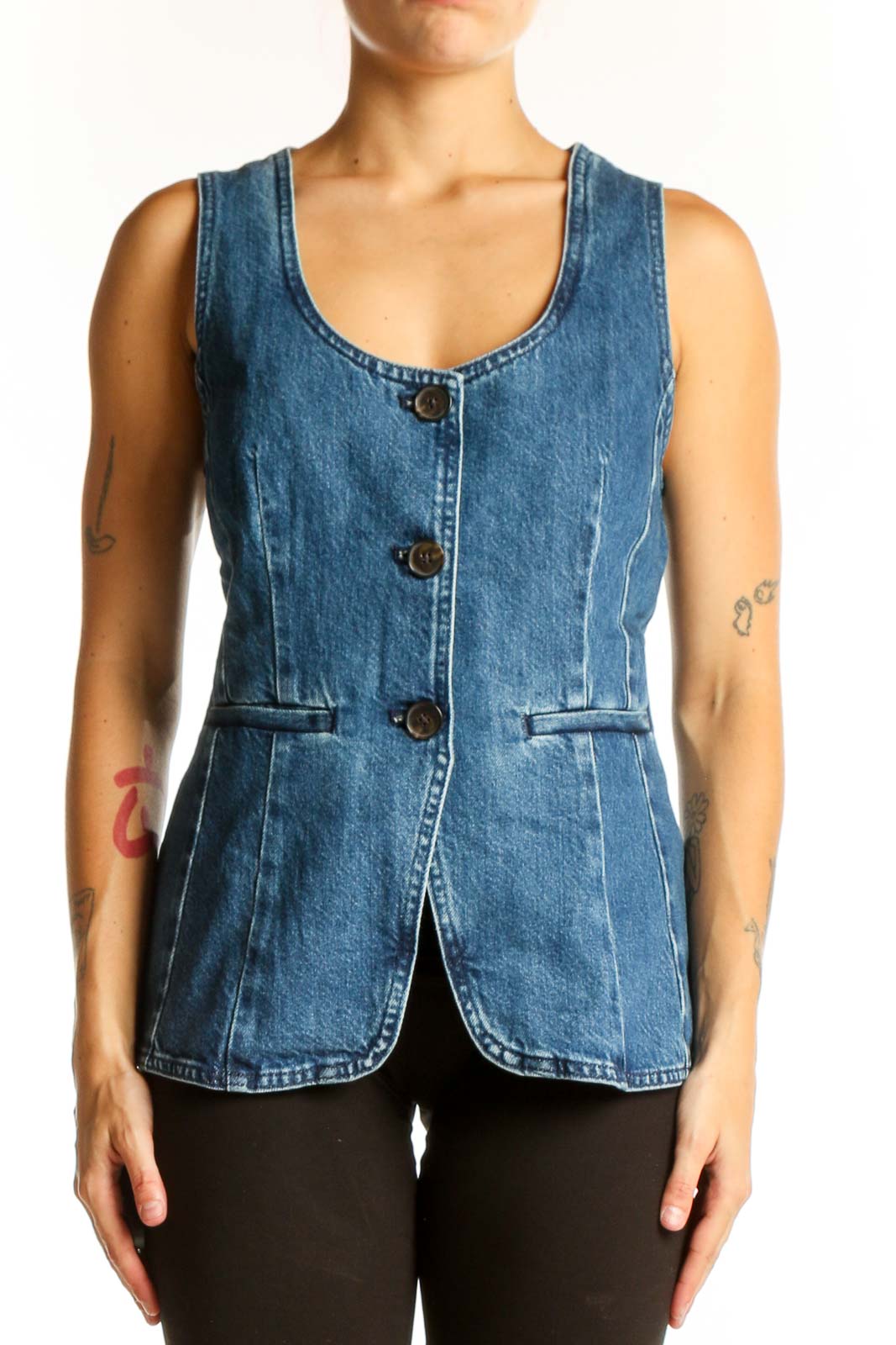 Front view of Madewell blue denim button-front vest