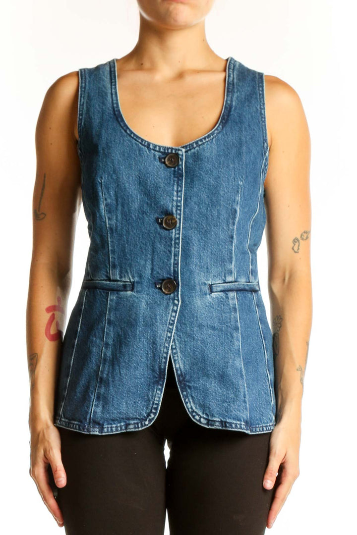 Front view of Madewell blue denim button-front vest