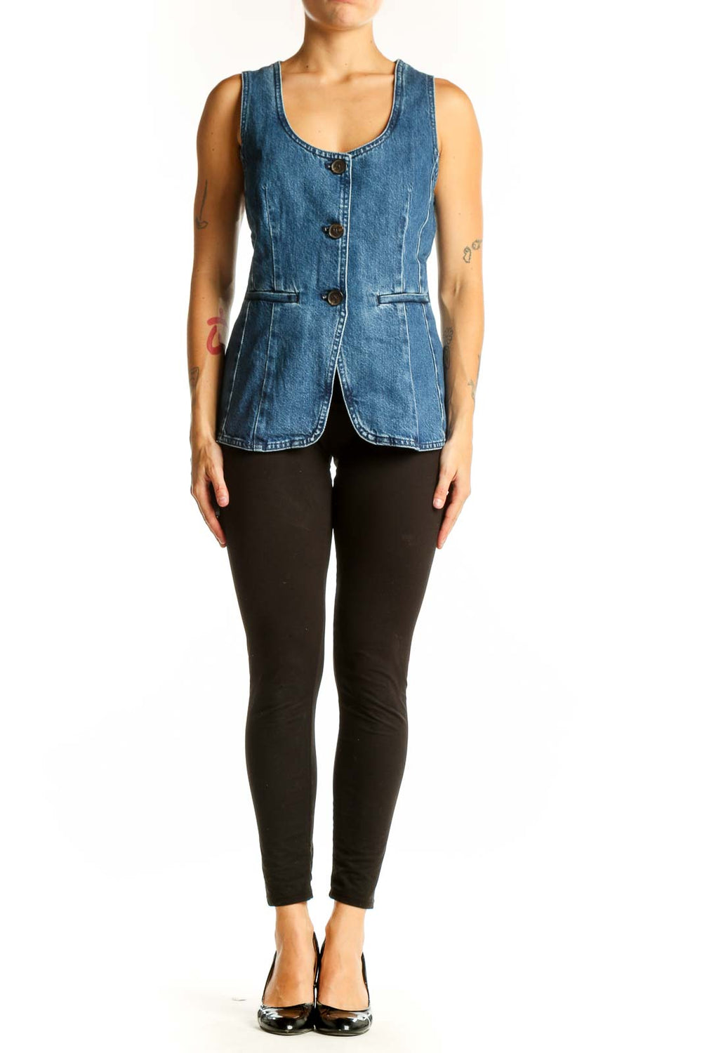 Front view of Madewell blue denim button-front vest
