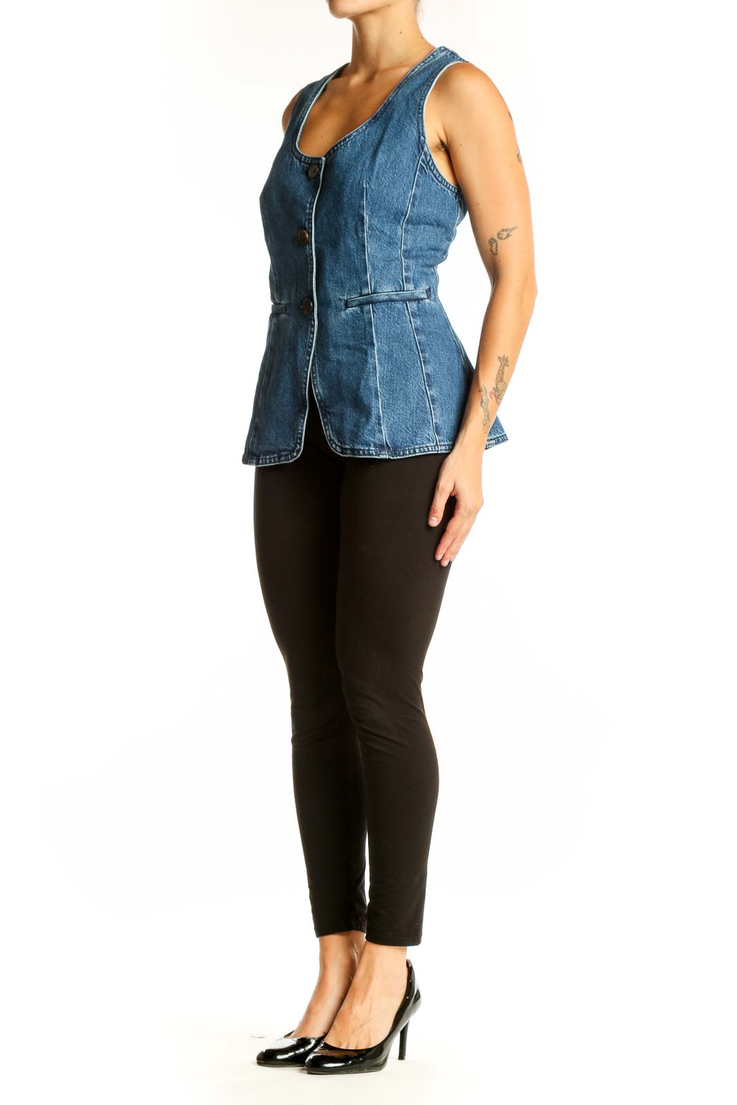 Front view of Madewell blue denim button-front vest