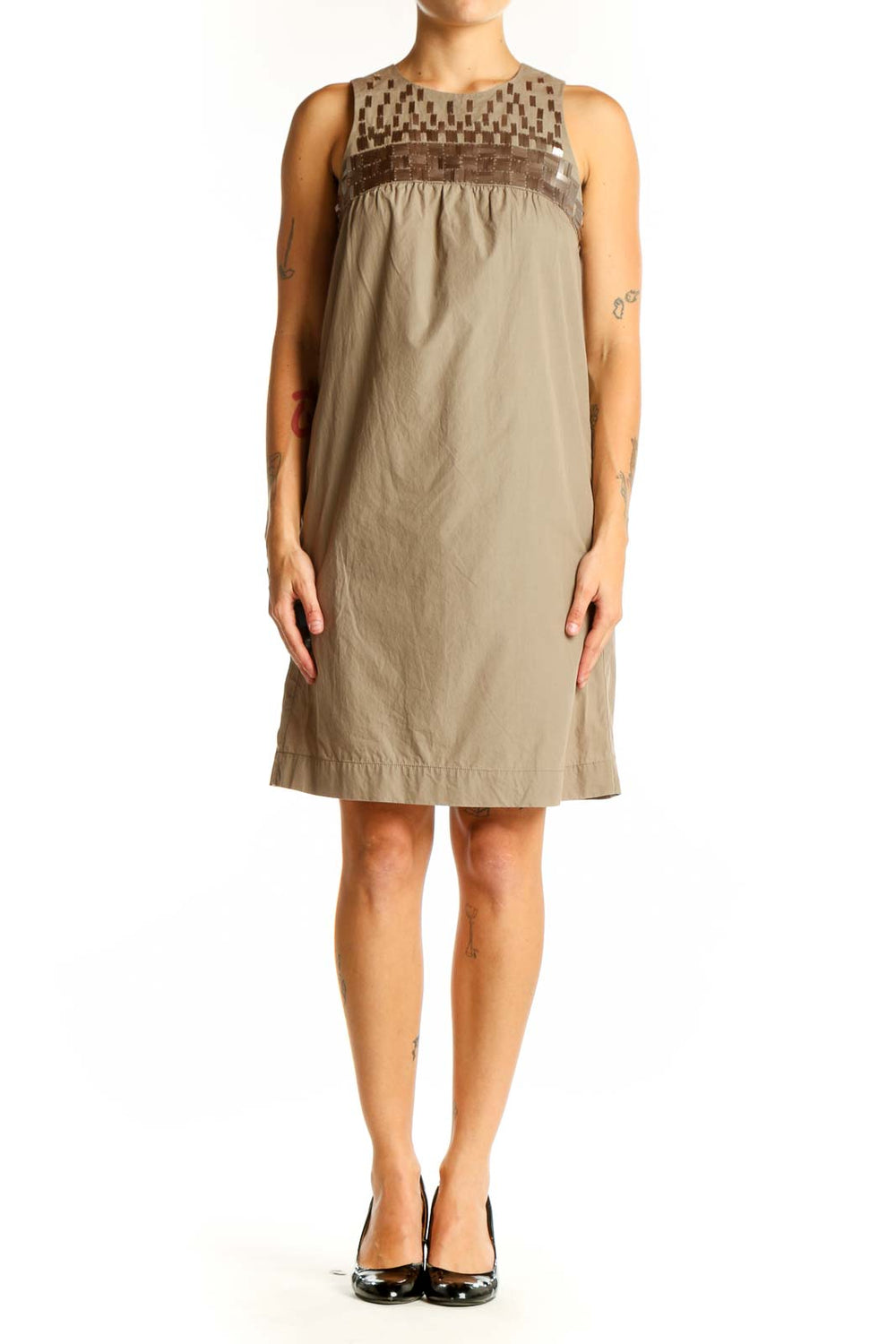 Front view of Vince beige cotton sleeveless shift dress with geometric yoke pattern