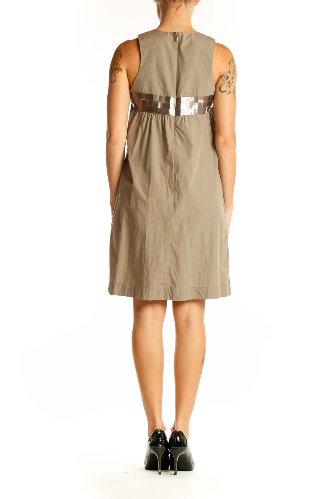 Side view of Vince beige cotton sleeveless shift dress showing relaxed fit