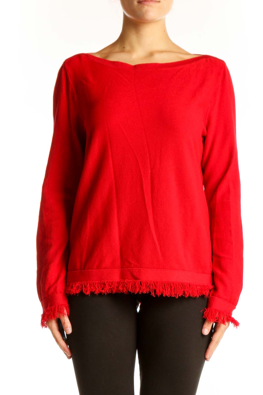 Front view of red Ann Taylor boatneck sweater with fringe trim