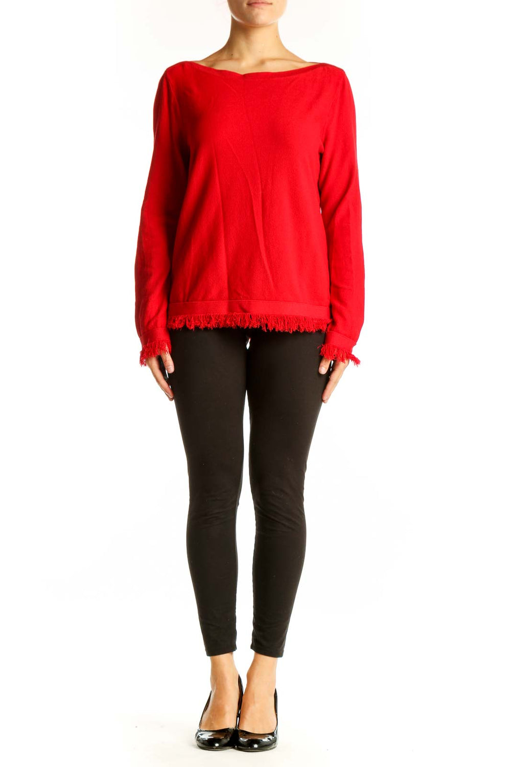 Front view of red Ann Taylor boatneck sweater with fringe trim
