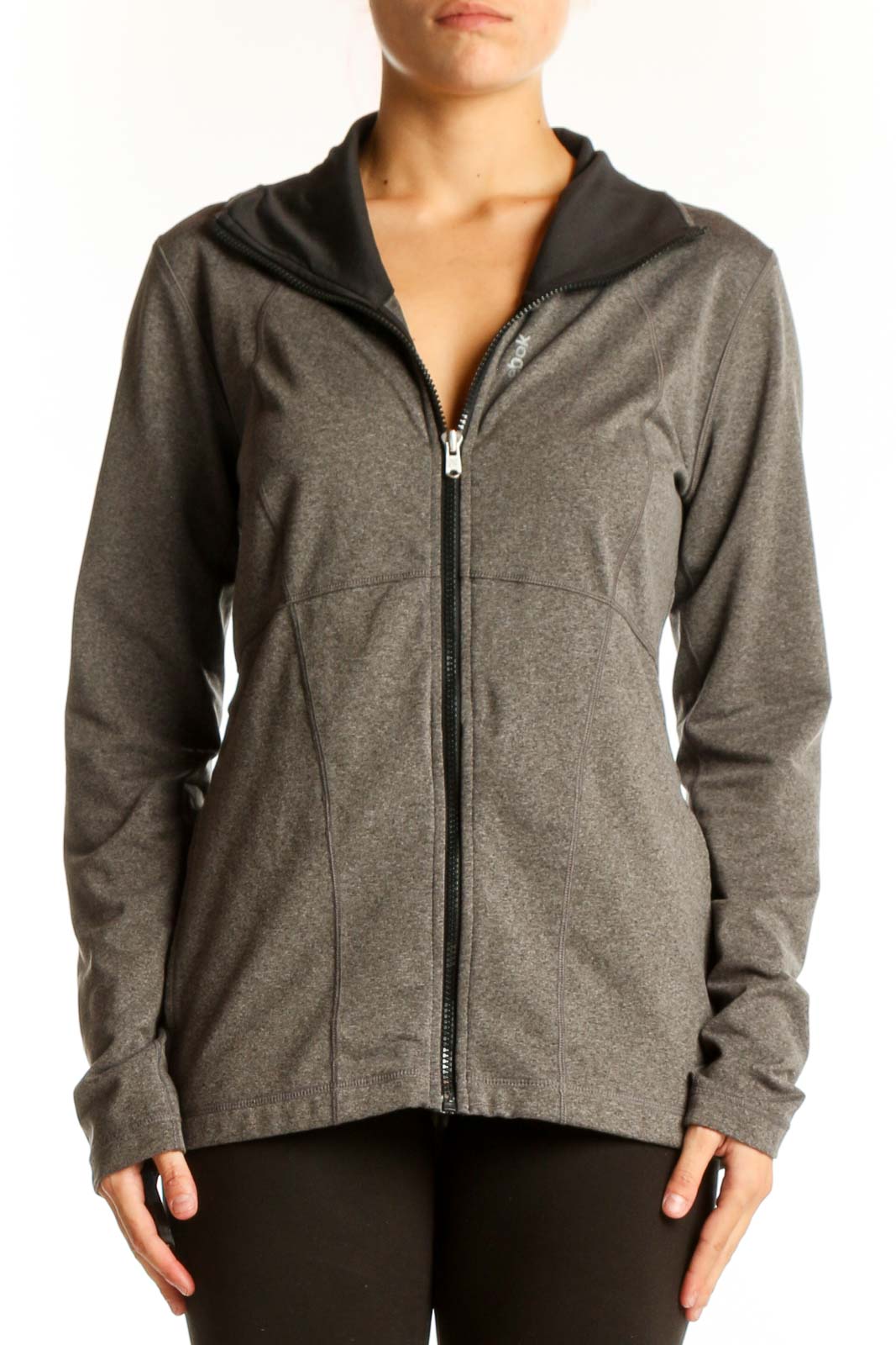 Front view of gray Reebok athletic zip-up jacket
