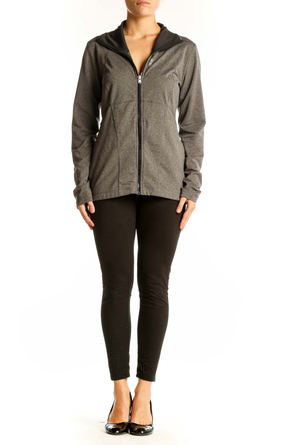 Front view of gray Reebok athletic zip-up jacket