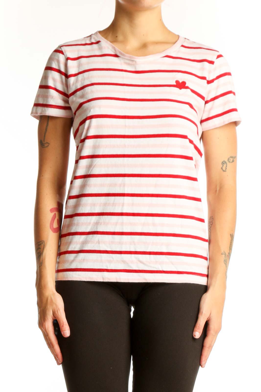 Front view of J.Crew white and red striped cotton t-shirt with heart detail