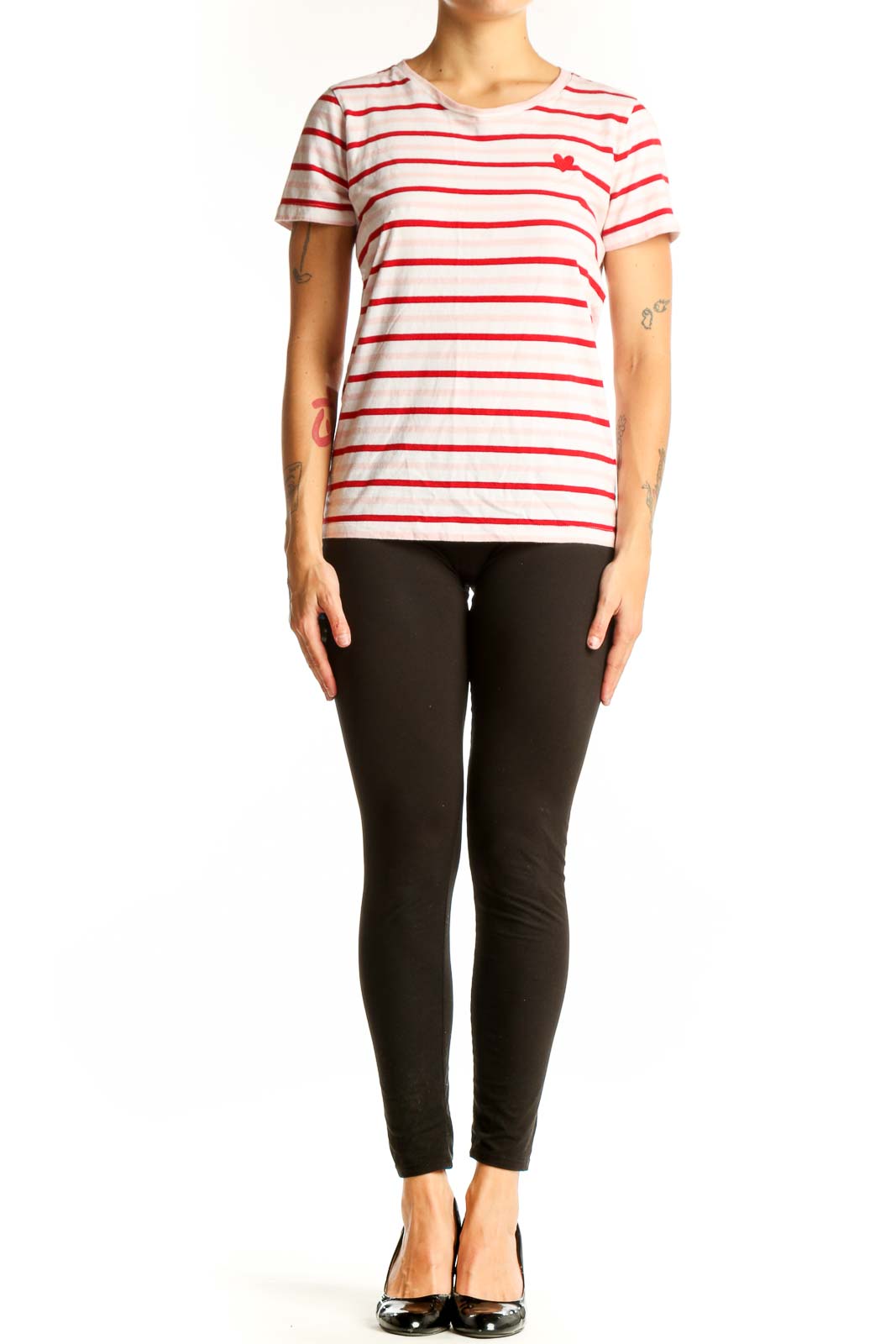 Front view of J.Crew white and red striped cotton t-shirt with heart detail