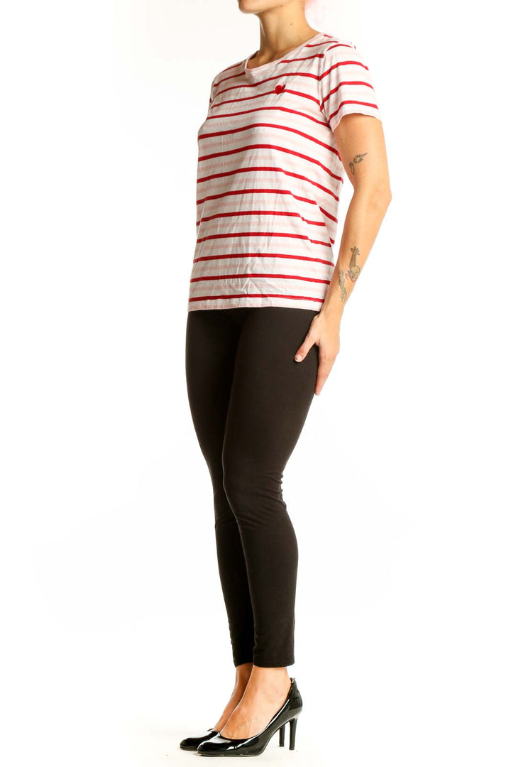 Front view of J.Crew white and red striped cotton t-shirt with heart detail