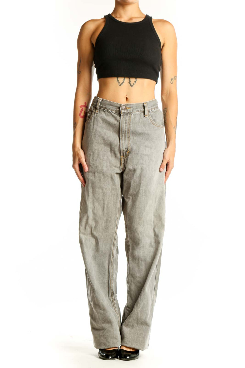 Front view of Levi's light gray wide-leg denim jeans on model
