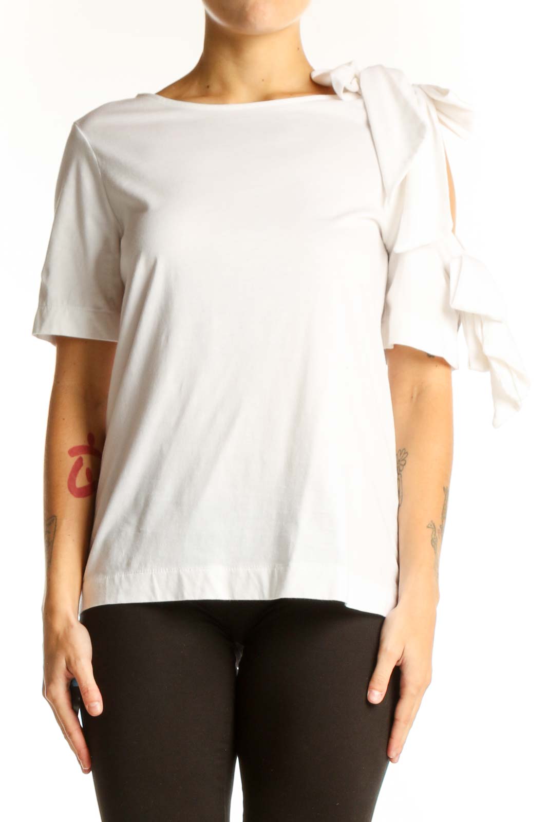 Front view of white Banana Republic cotton top with bow shoulder detail