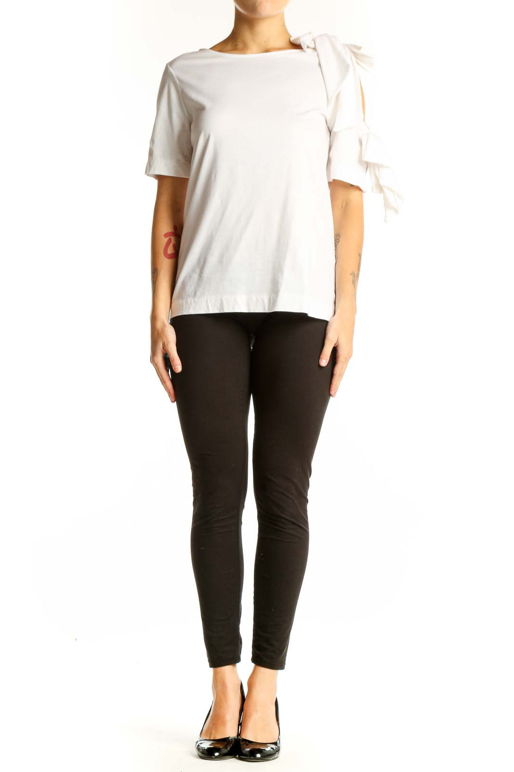 Front view of white Banana Republic cotton top with bow shoulder detail