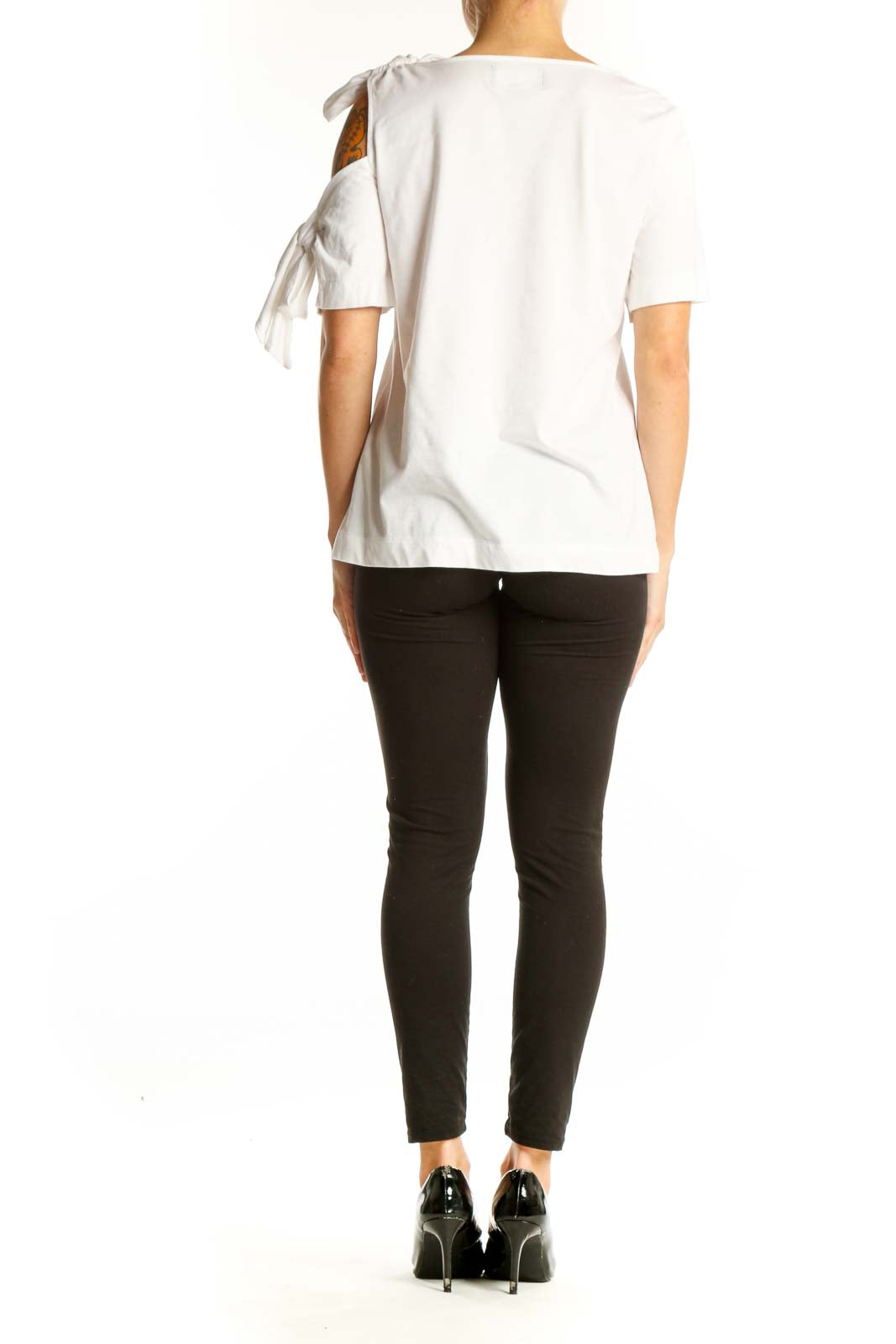 Side view of white Banana Republic cotton top showing bow shoulder detail