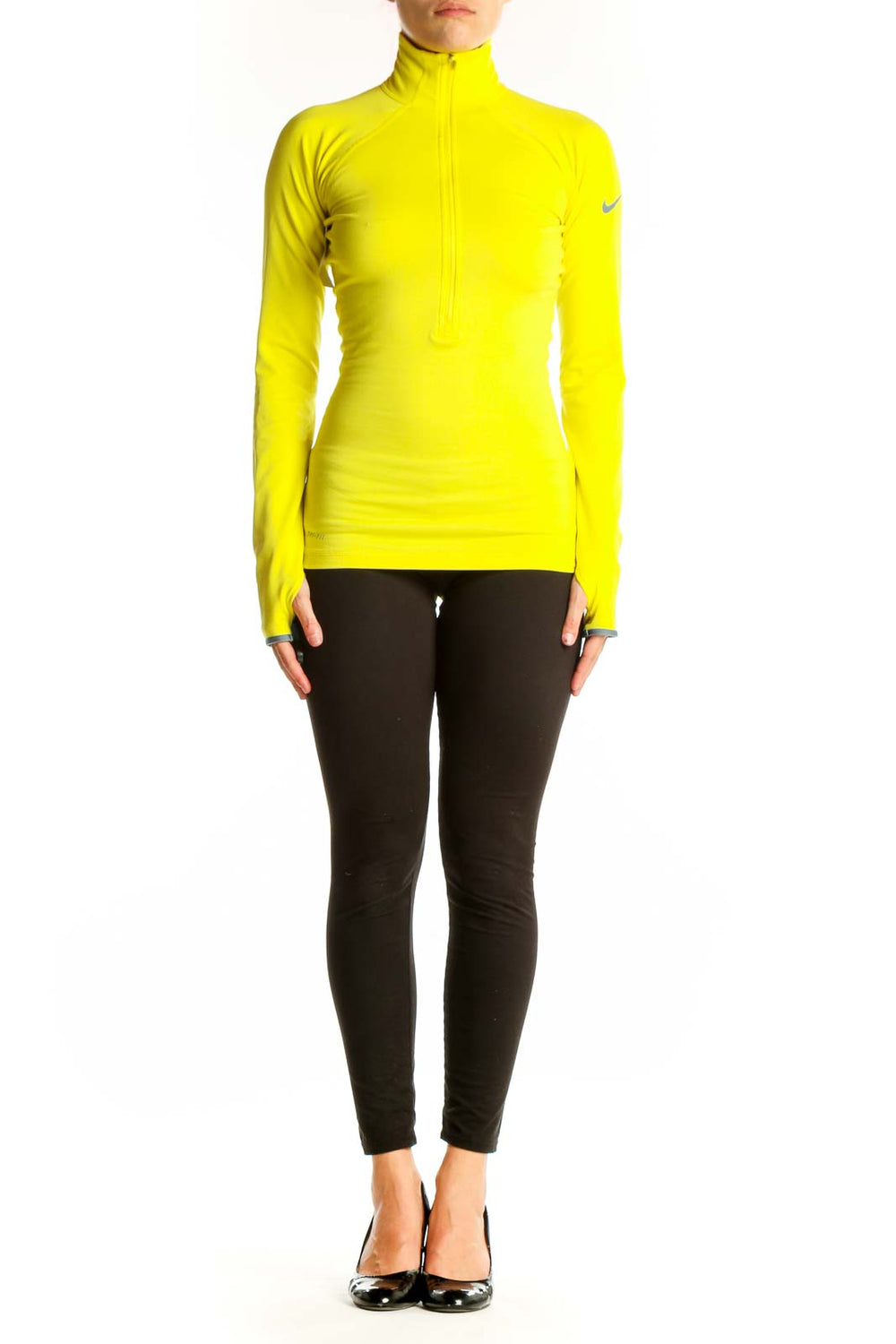 Front view of yellow Nike high-neck half-zip athletic top