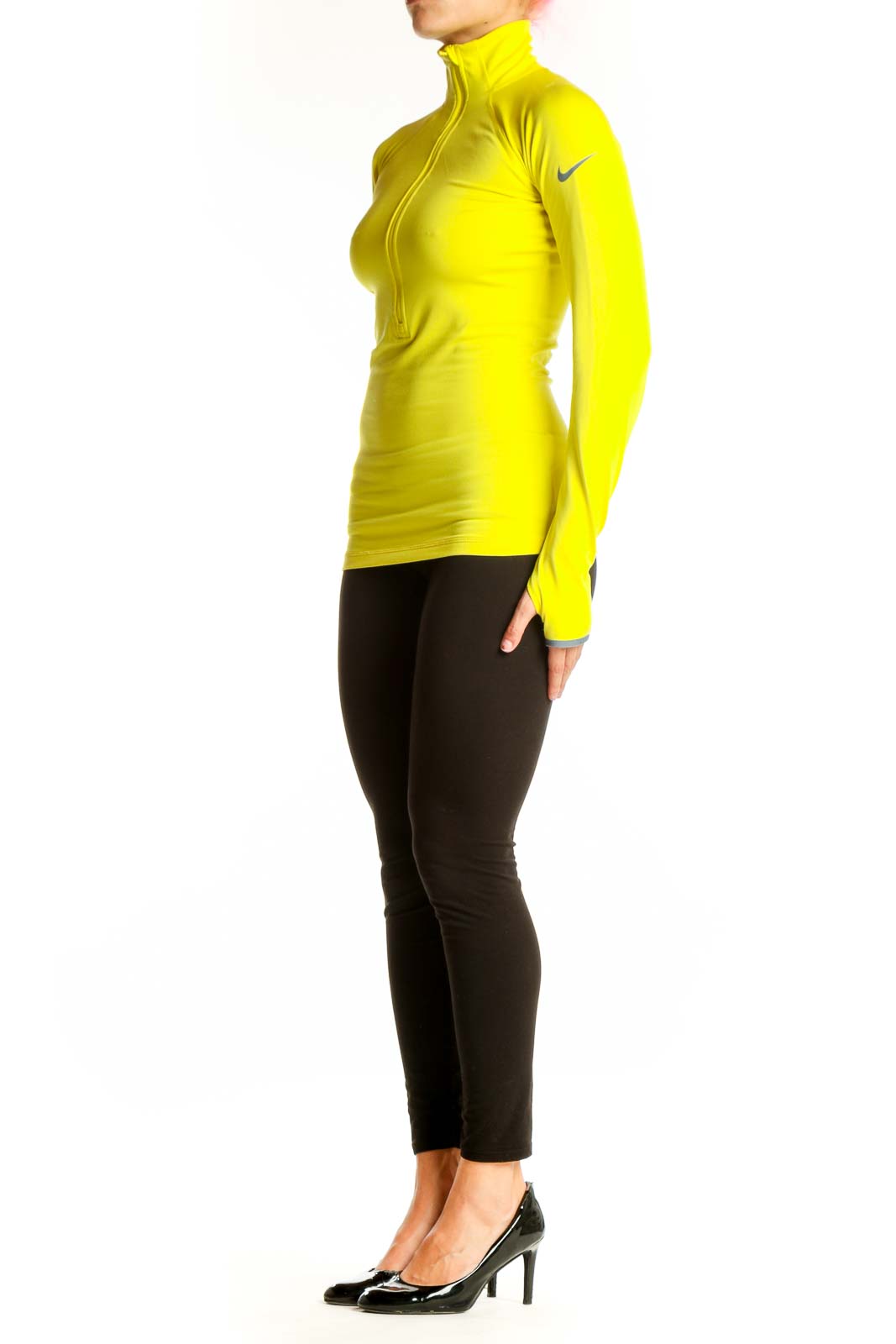 Front view of yellow Nike high-neck half-zip athletic top