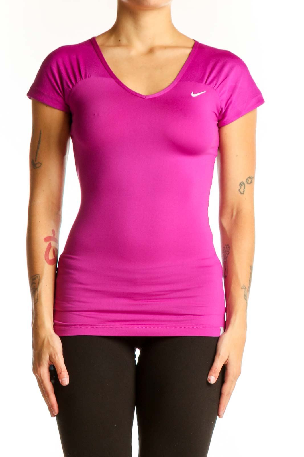 Front view of magenta Nike V-neck athletic top