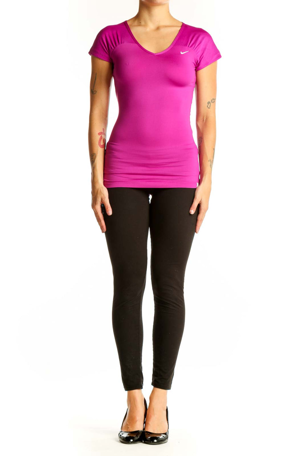 Front view of magenta Nike V-neck athletic top