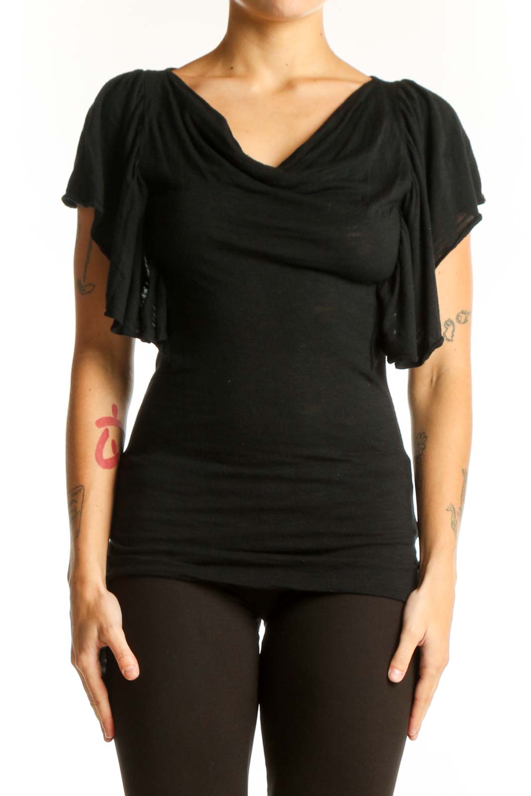 Front view of black Banana Republic top with draped cowl neck and flutter sleeves