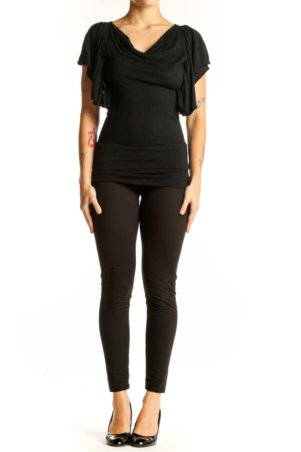 Front view of black Banana Republic top with draped cowl neck and flutter sleeves
