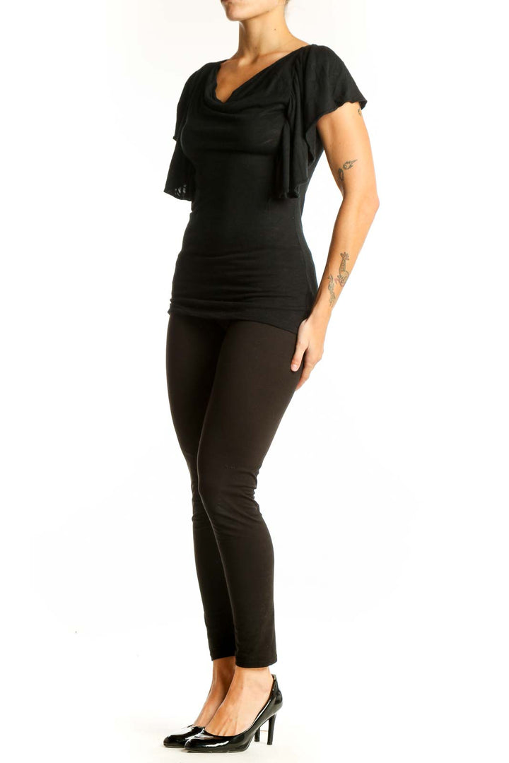 Front view of black Banana Republic top with draped cowl neck and flutter sleeves