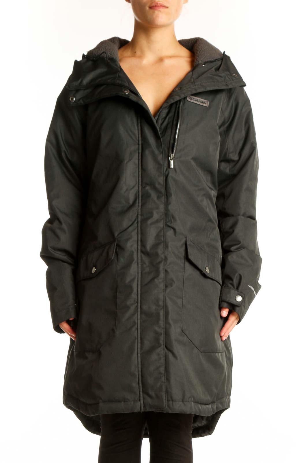Front view of dark green Columbia winter coat with hood