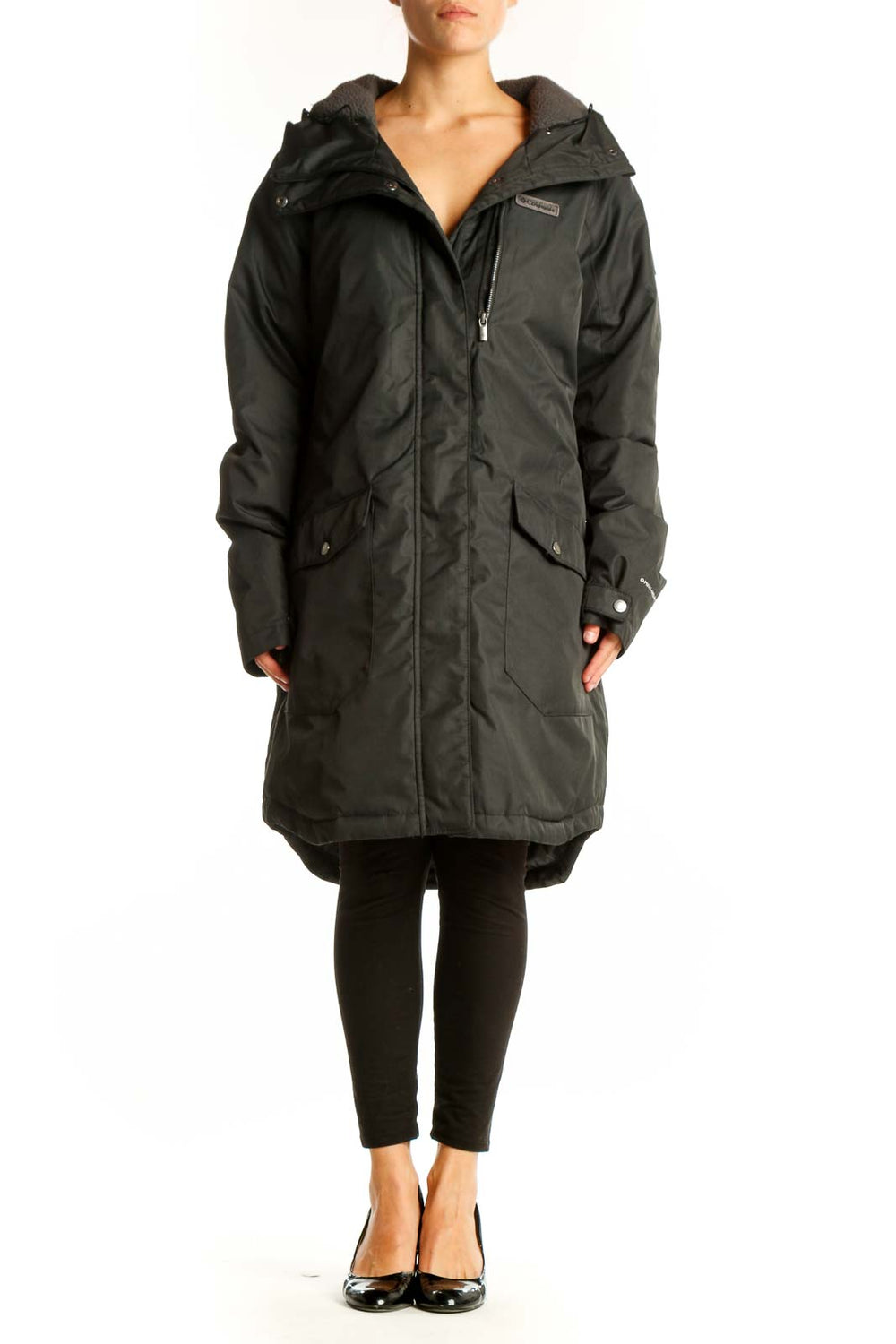 Front view of dark green Columbia winter coat with hood
