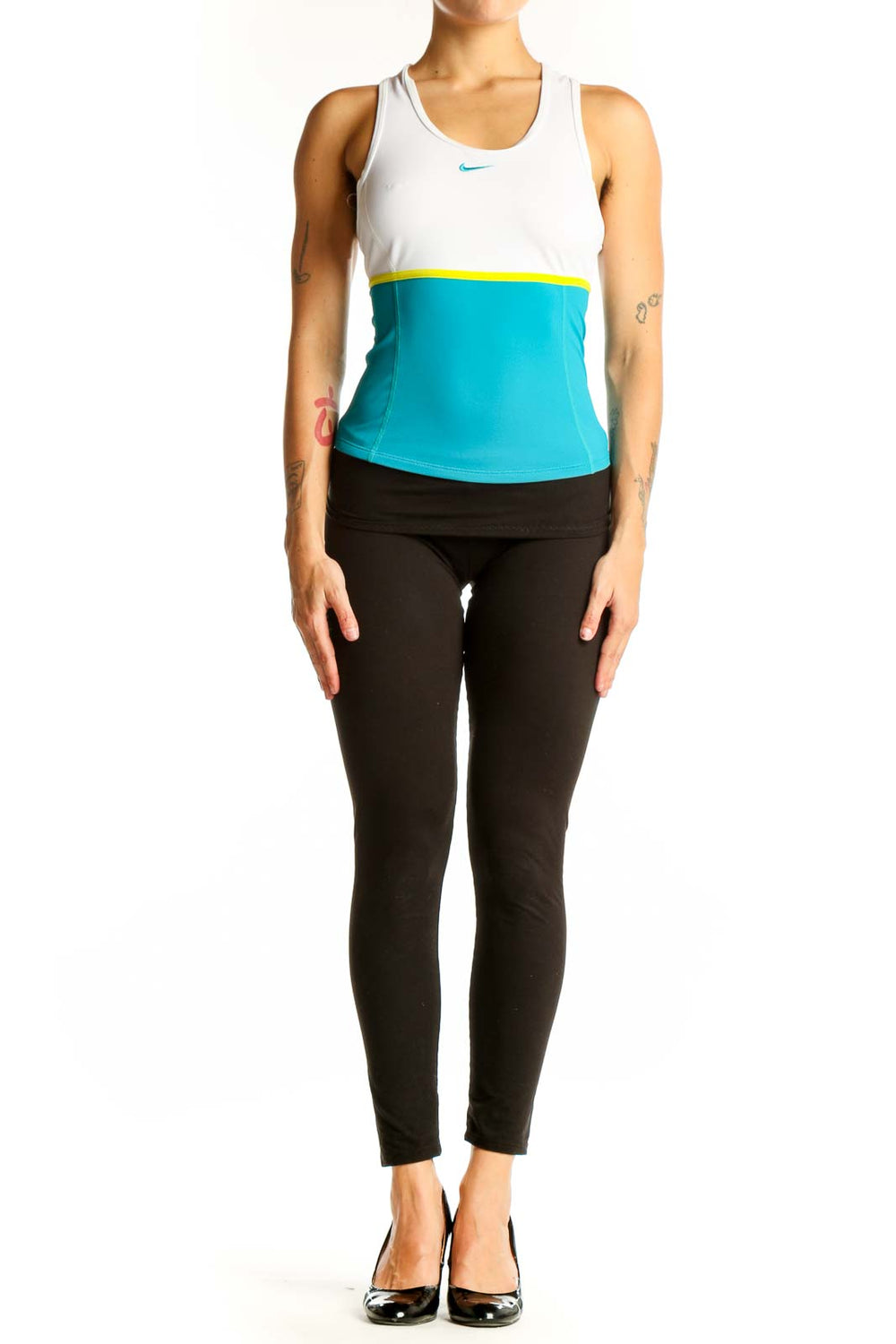 Front view of white and turquoise Nike color-block tank top
